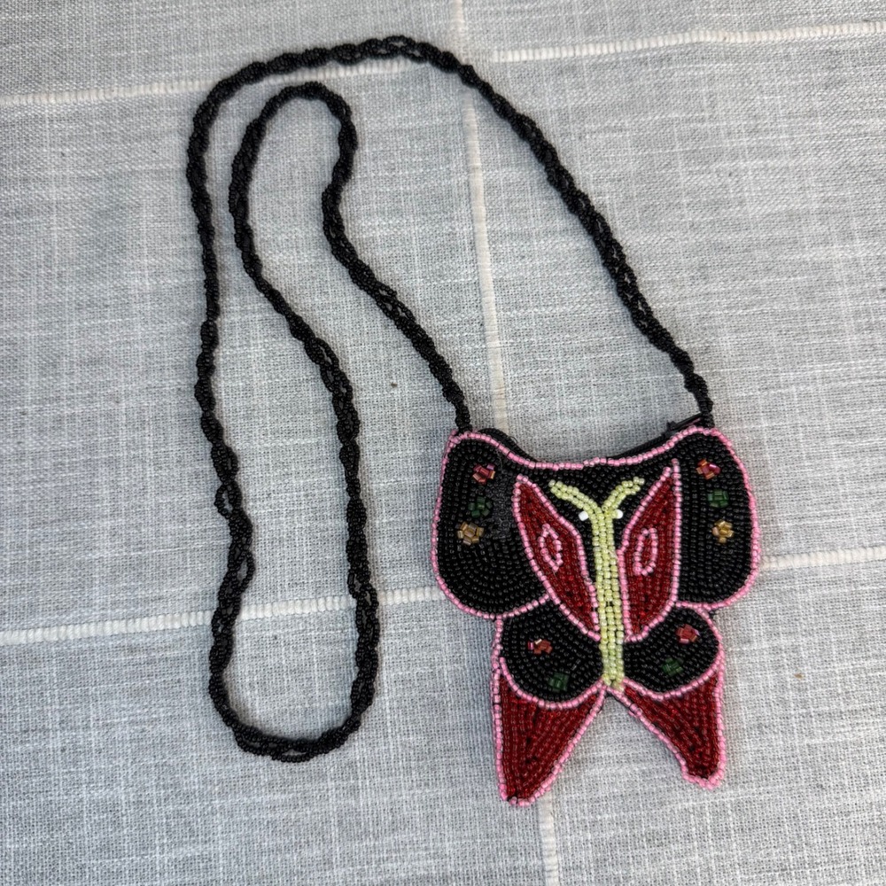 Beaded Butterfly Mini Purse Girls Fairycore Cottage Fairy Black Pink Red Coin